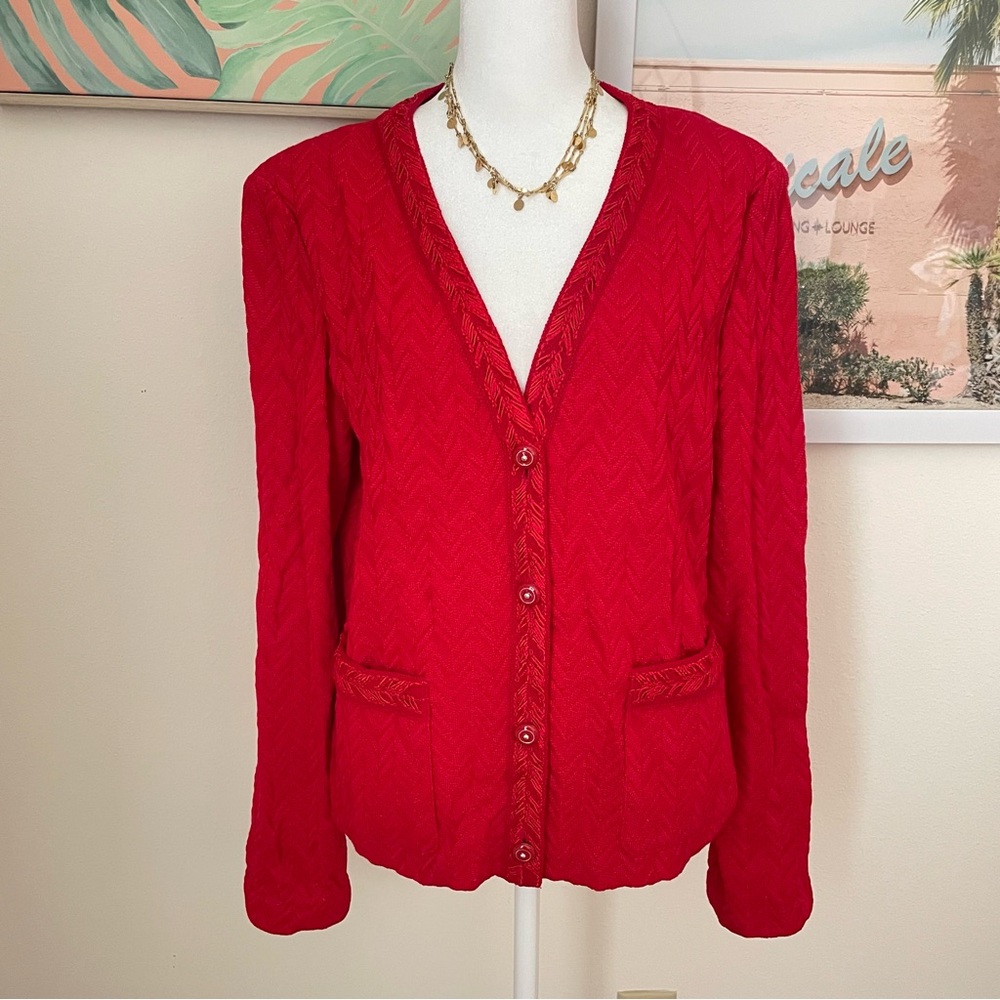 St. John Santana Knit V-Neck Cardigan Sweater in Red Size Large